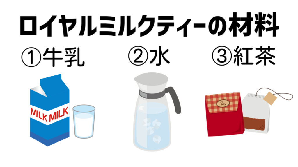 ロイヤルミルクティーの材料は、3点。牛乳と水と紅茶です。
