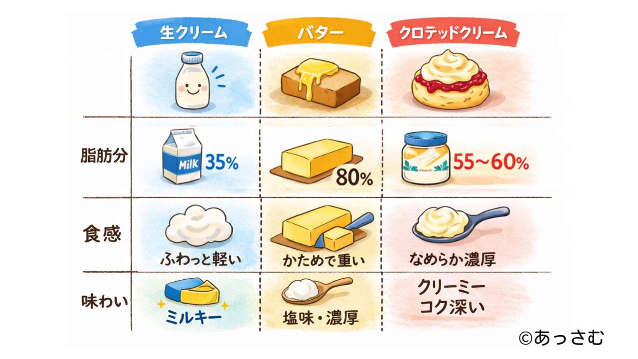 生クリーム・バター・クロテッドクリームを比較した表