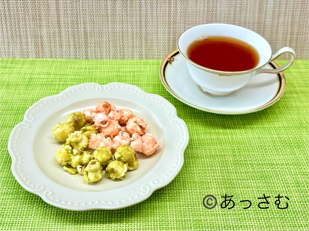 無印桜スイーツ：桜と抹茶のキャンディングポップコーン