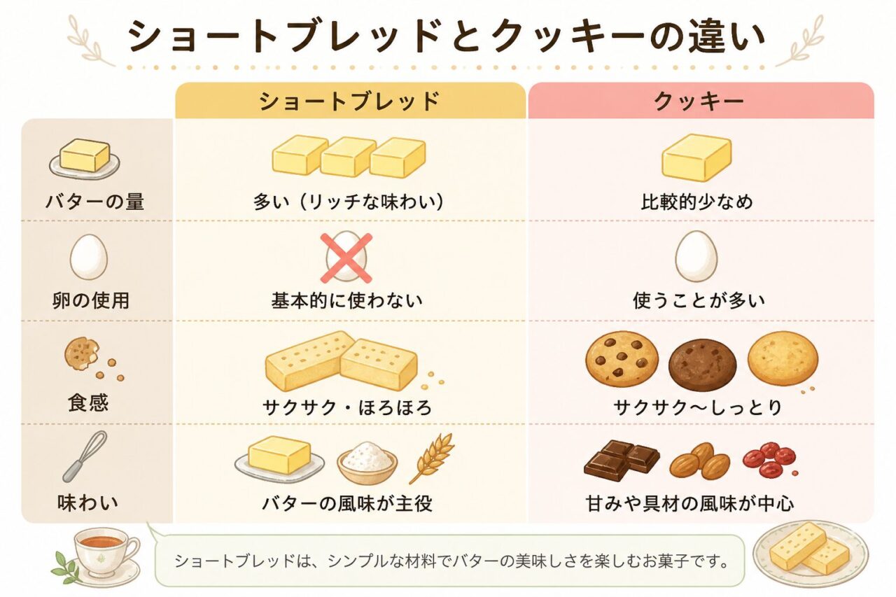 ショートブレッドとクッキーの違い バター量や食感を比較したイラスト